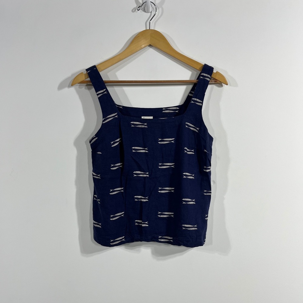 New Day Fisherman Nautical Linen Blend Sardine Fish Print Tank Top Women XS Boho